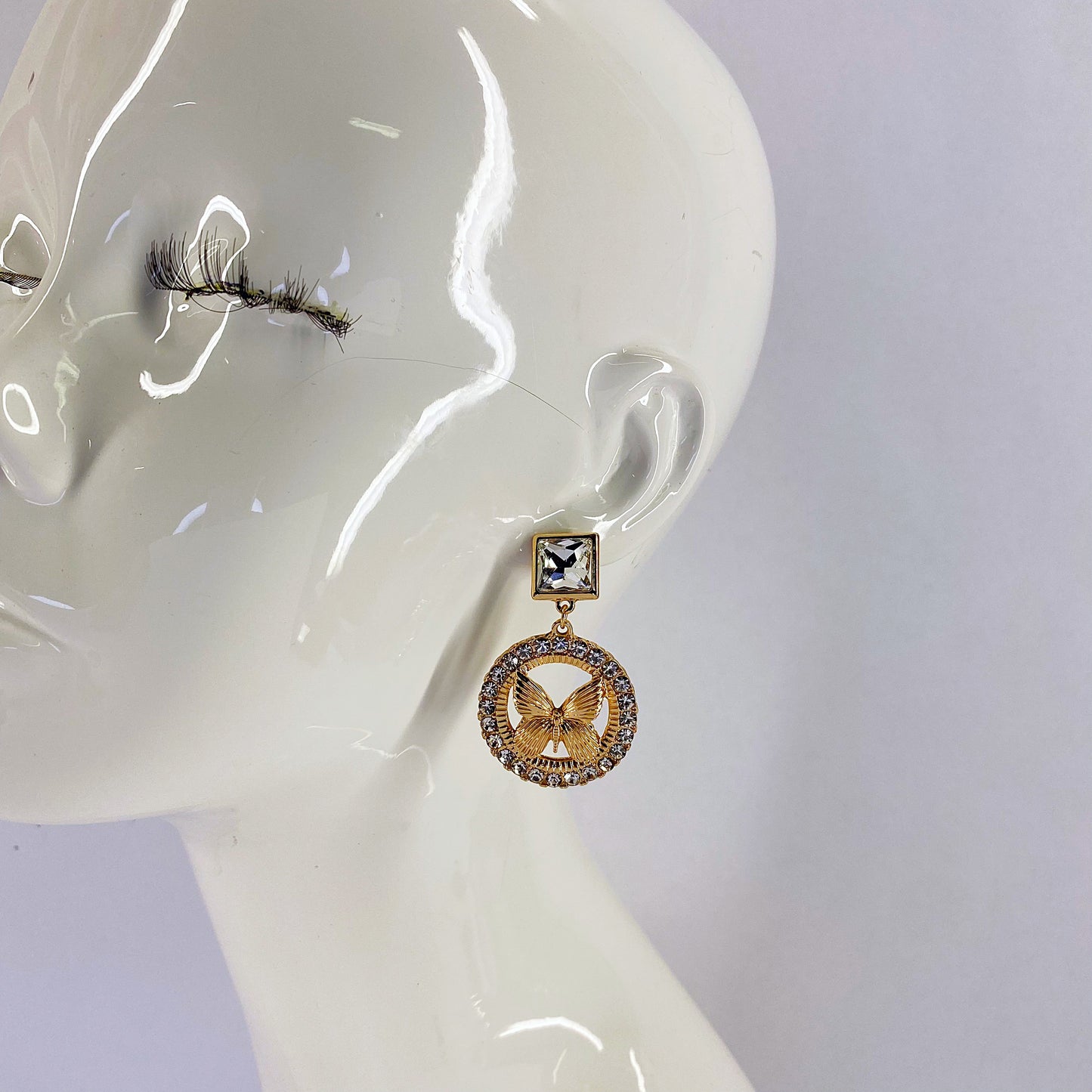 Gold or Silver Finish Drop Dangle Round Butterfly Earrings