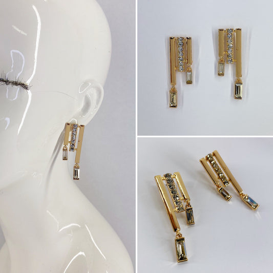 3 Bars Earrings Gold Finish Post Back With Stone Drop Dangle