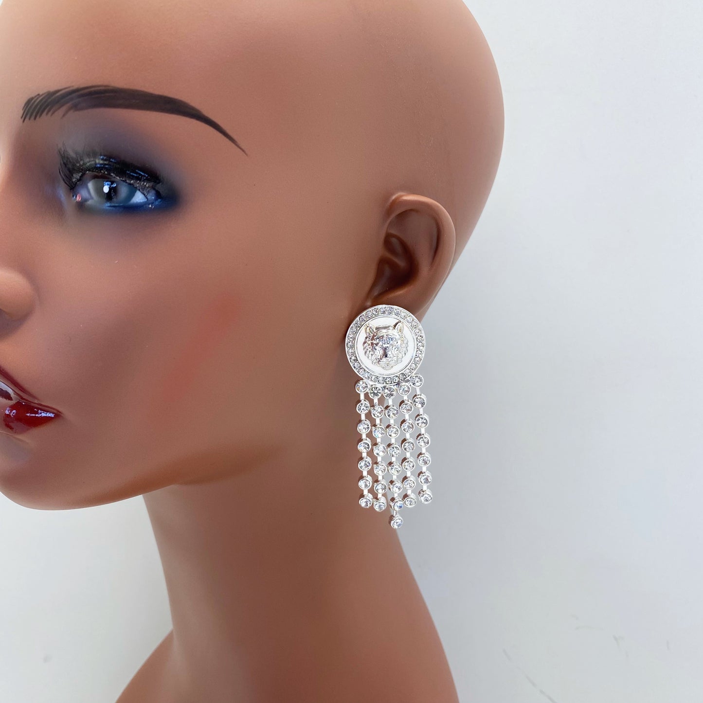 Lion Head Rhinestone Tassel Earrings