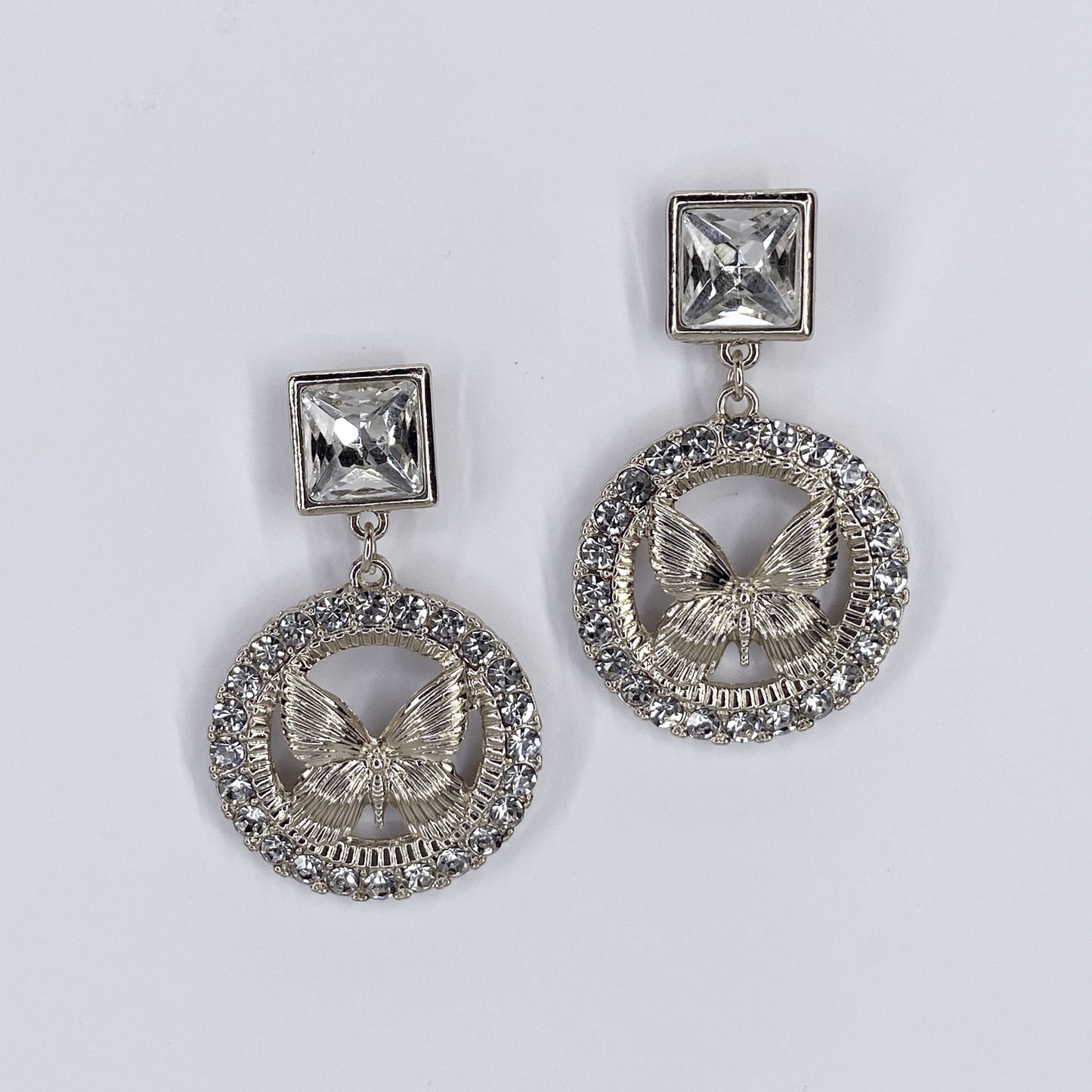 Gold or Silver Finish Drop Dangle Round Butterfly Earrings