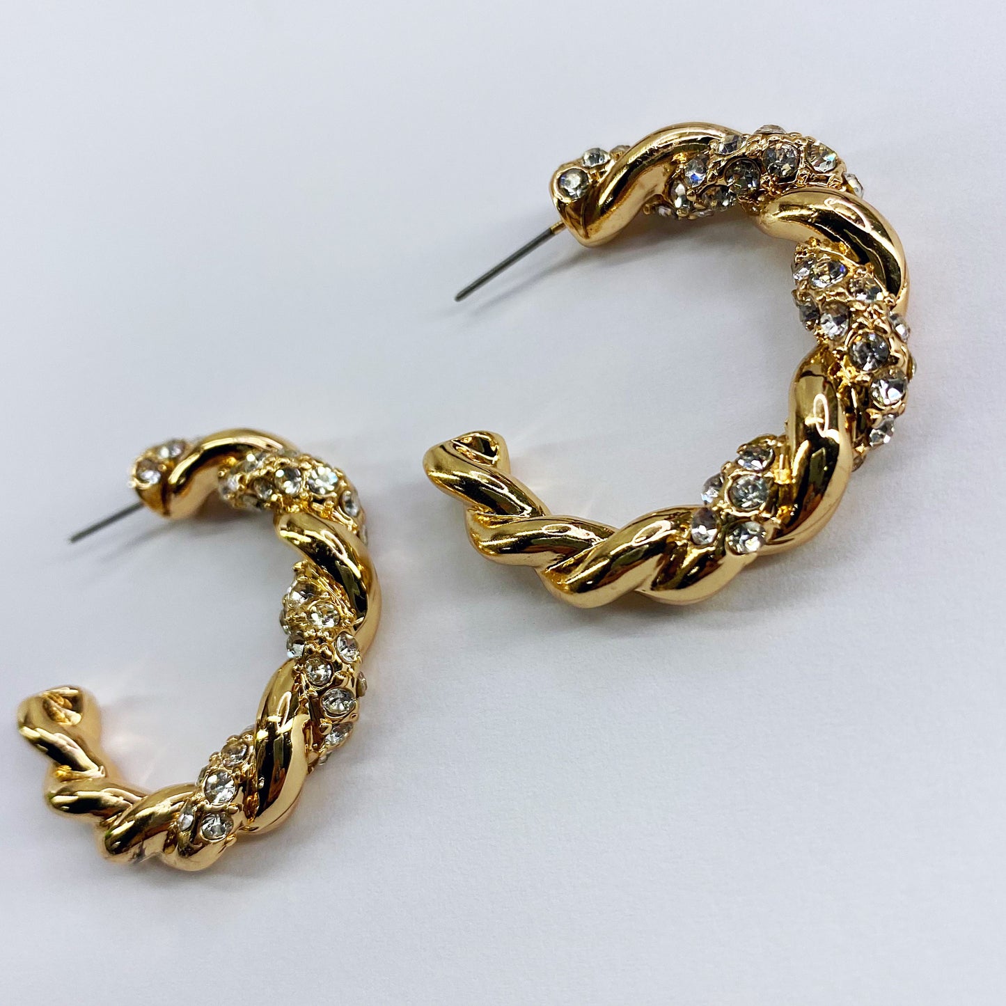 Twisted Metal with Rhinestones Hoop Post Earrings
