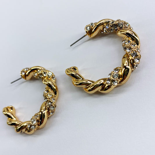 Twisted Metal with Rhinestones Hoop Post Earrings