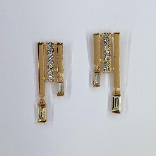 3 Bars Earrings Gold Finish Post Back With Stone Drop Dangle