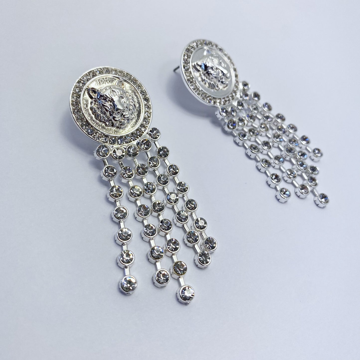 Lion Head Rhinestone Tassel Earrings