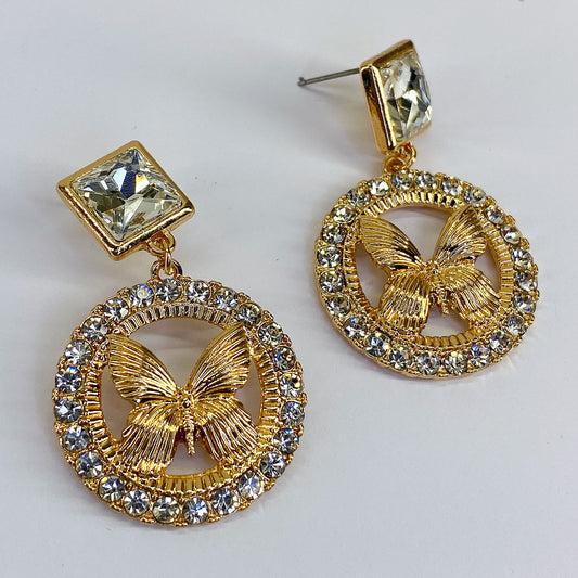 Gold or Silver Finish Drop Dangle Round Butterfly Earrings