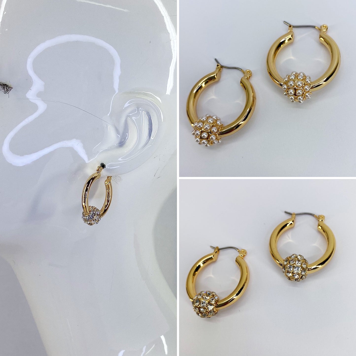Gold Finish Small Hoop Earrings with Rhinestones or Pearls