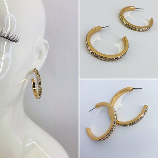Hoop Gold Finish Rhinestones Earrings