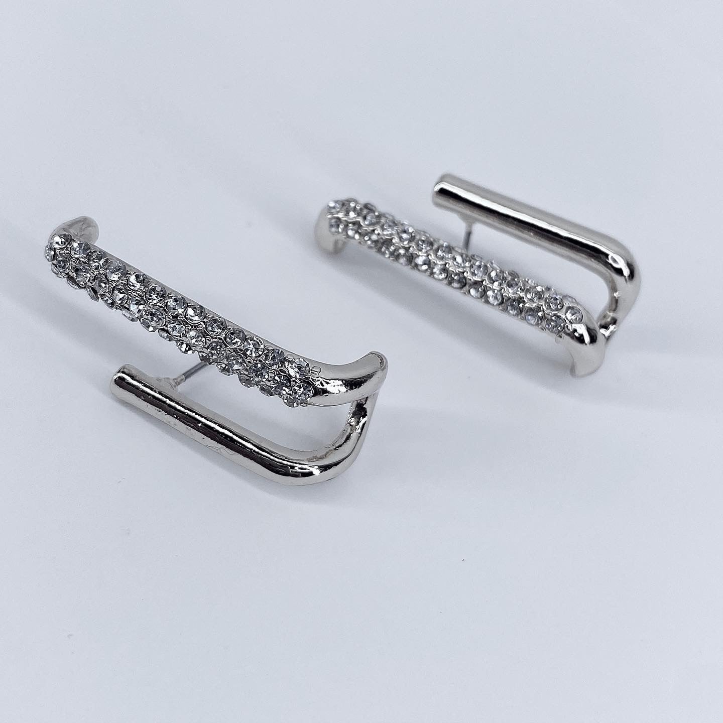 Clear Rhinestones Double Folded Bar Earrings