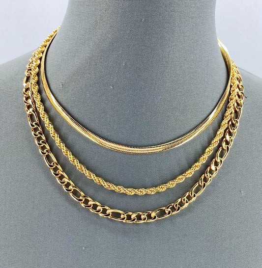 Gold Finish Multi Layered Necklace With Herringbone, Rope And Figaro Link Chain