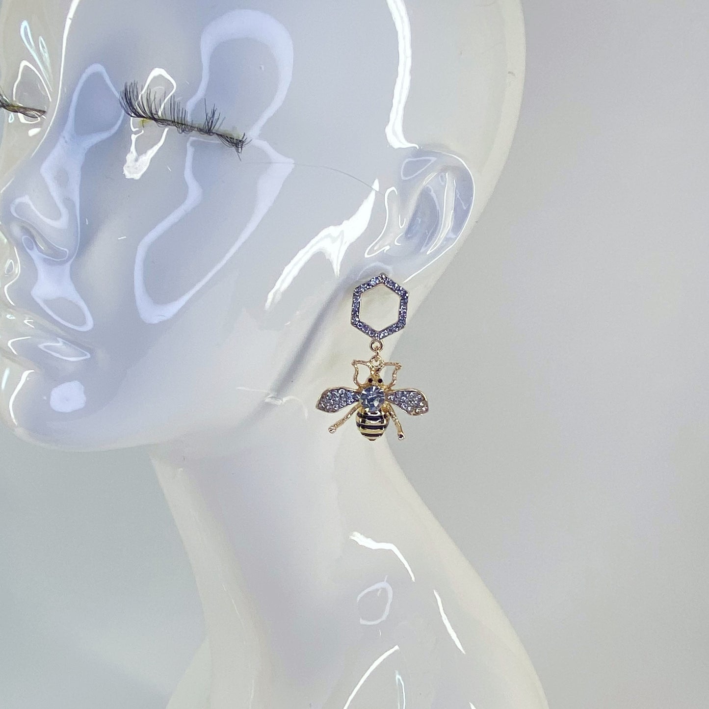 Drop Dangle Hexagon with Bee Earrings