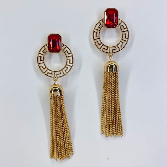 Circle Greek Key Symbol Earrings With Chain Tassel