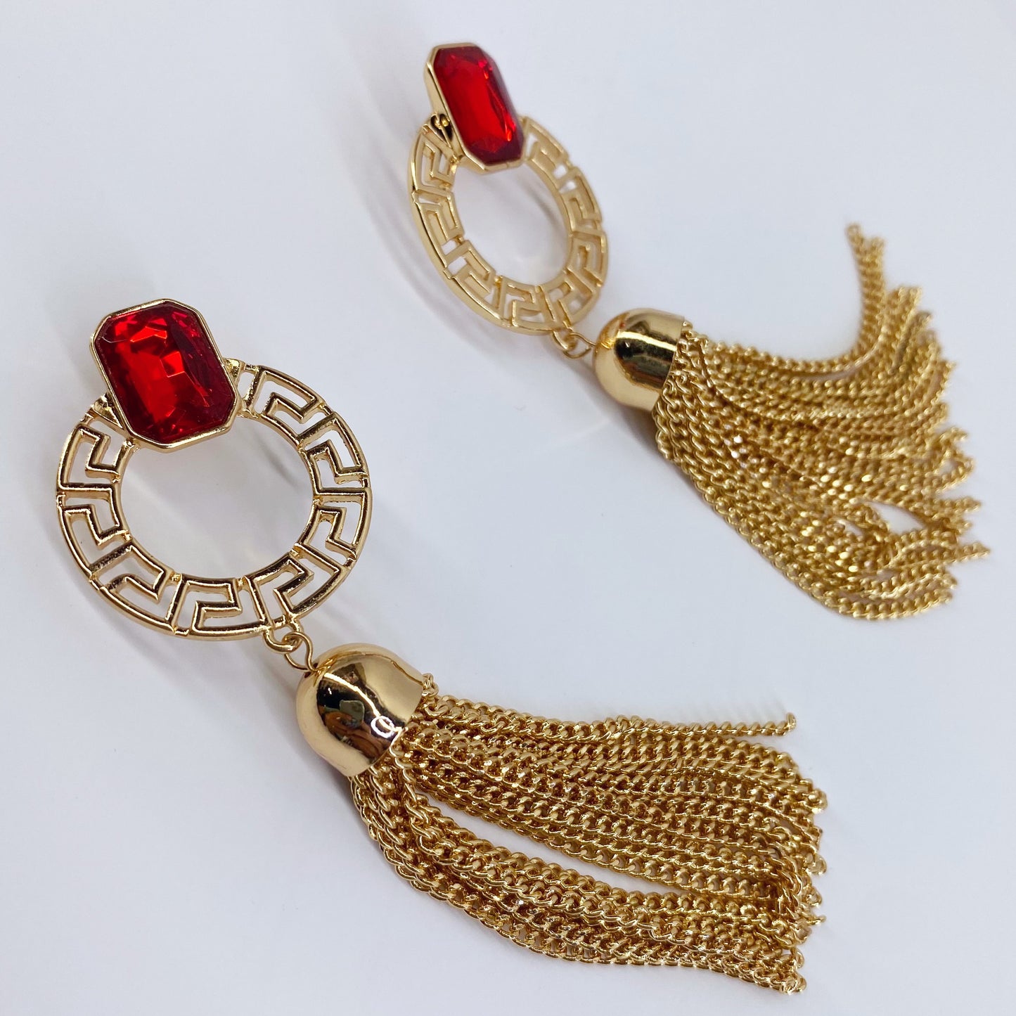 Circle Greek Key Symbol Earrings With Chain Tassel