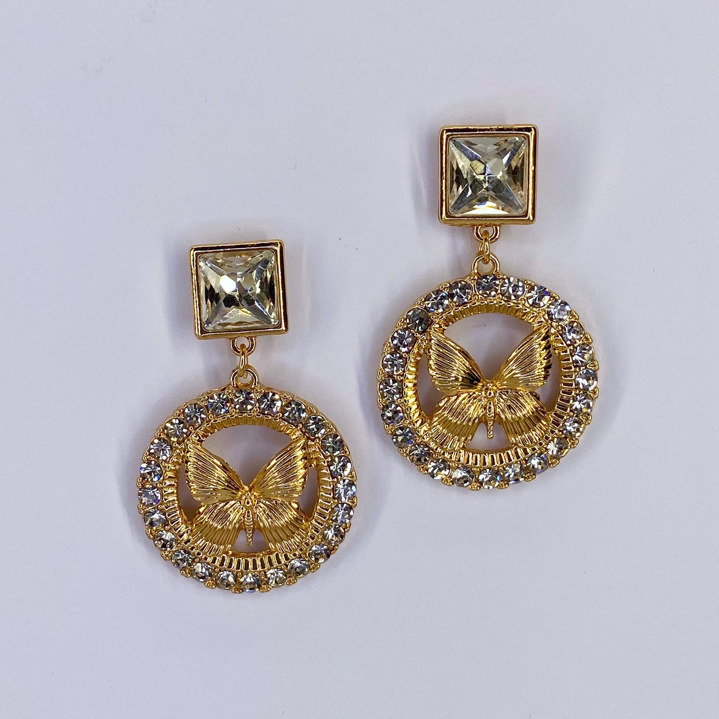 Gold or Silver Finish Drop Dangle Round Butterfly Earrings