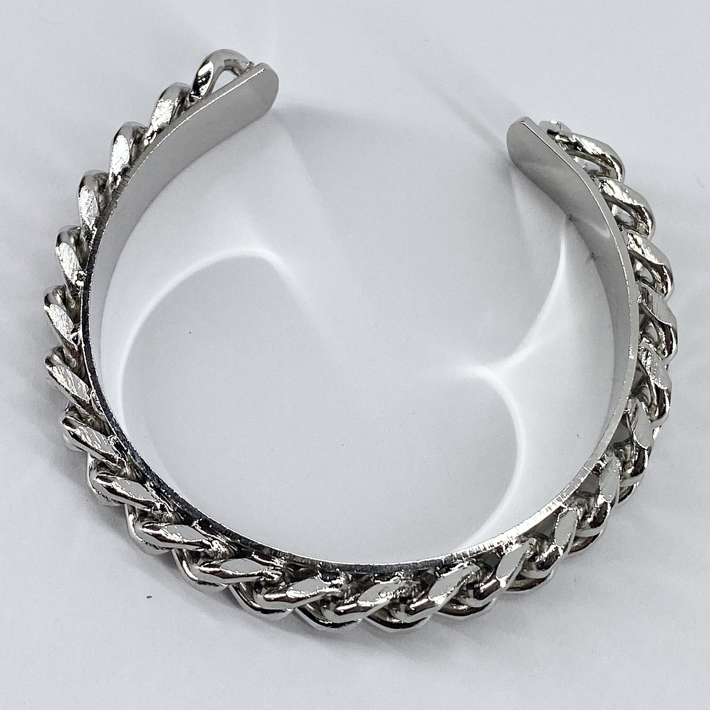 Silver Open Cuff Bracelet With Cuban Link Chain Design
