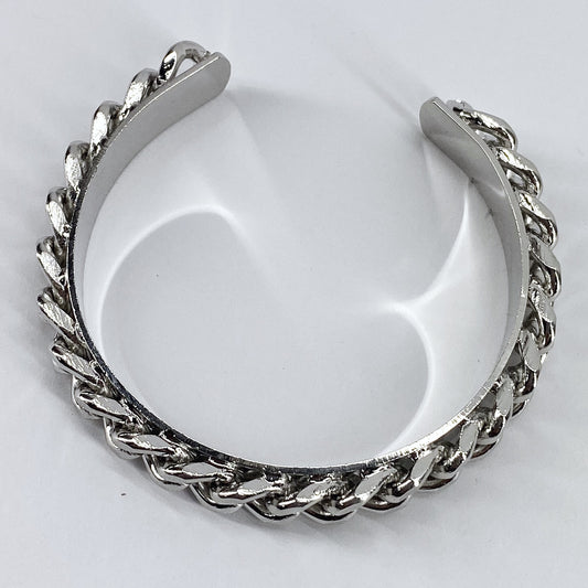 Silver Open Cuff Bracelet With Cuban Link Chain Design