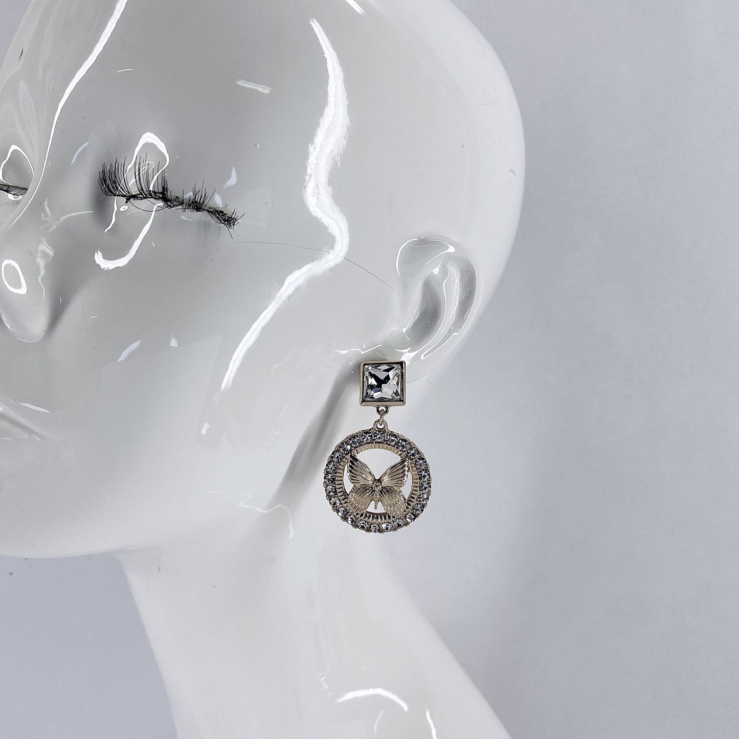 Gold or Silver Finish Drop Dangle Round Butterfly Earrings