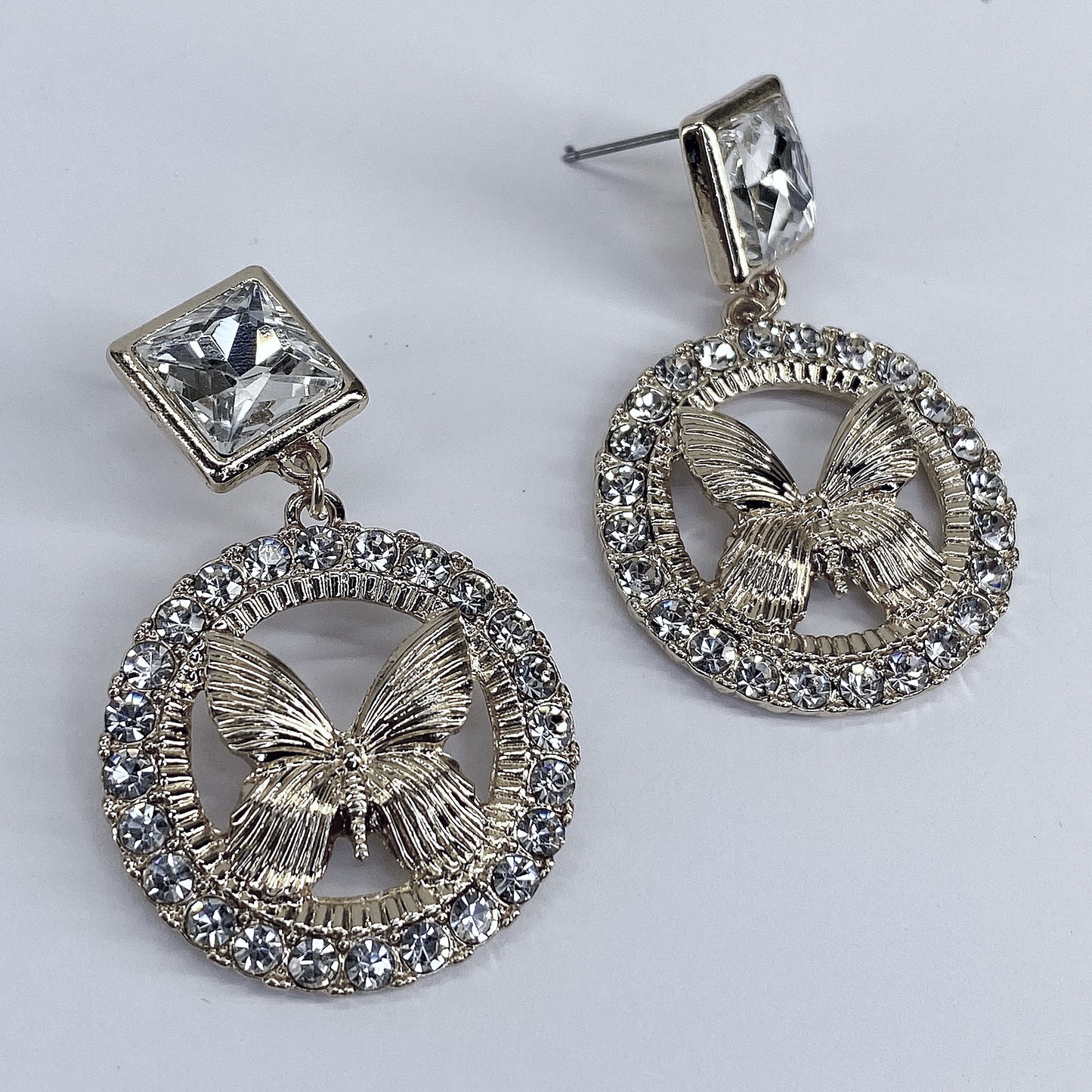 Gold or Silver Finish Drop Dangle Round Butterfly Earrings
