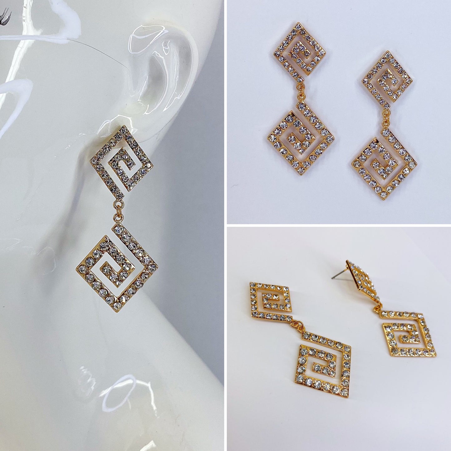 Double Square Spiral Rhinestone Earrings